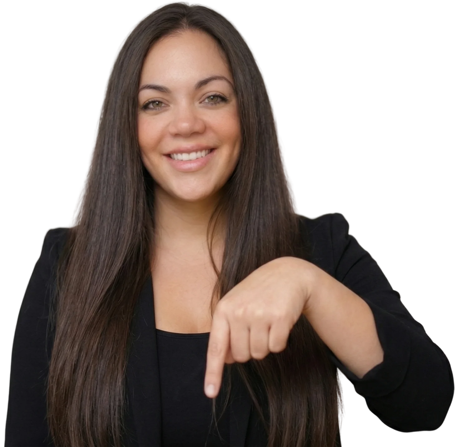 Jailene pointing down at listings